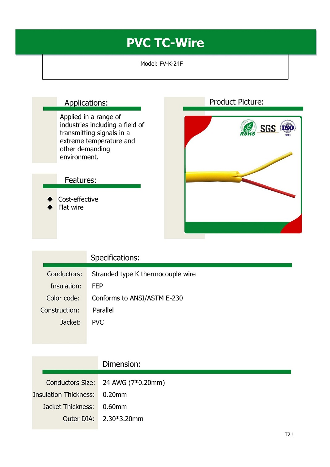 specification of thermocouple cable PVC